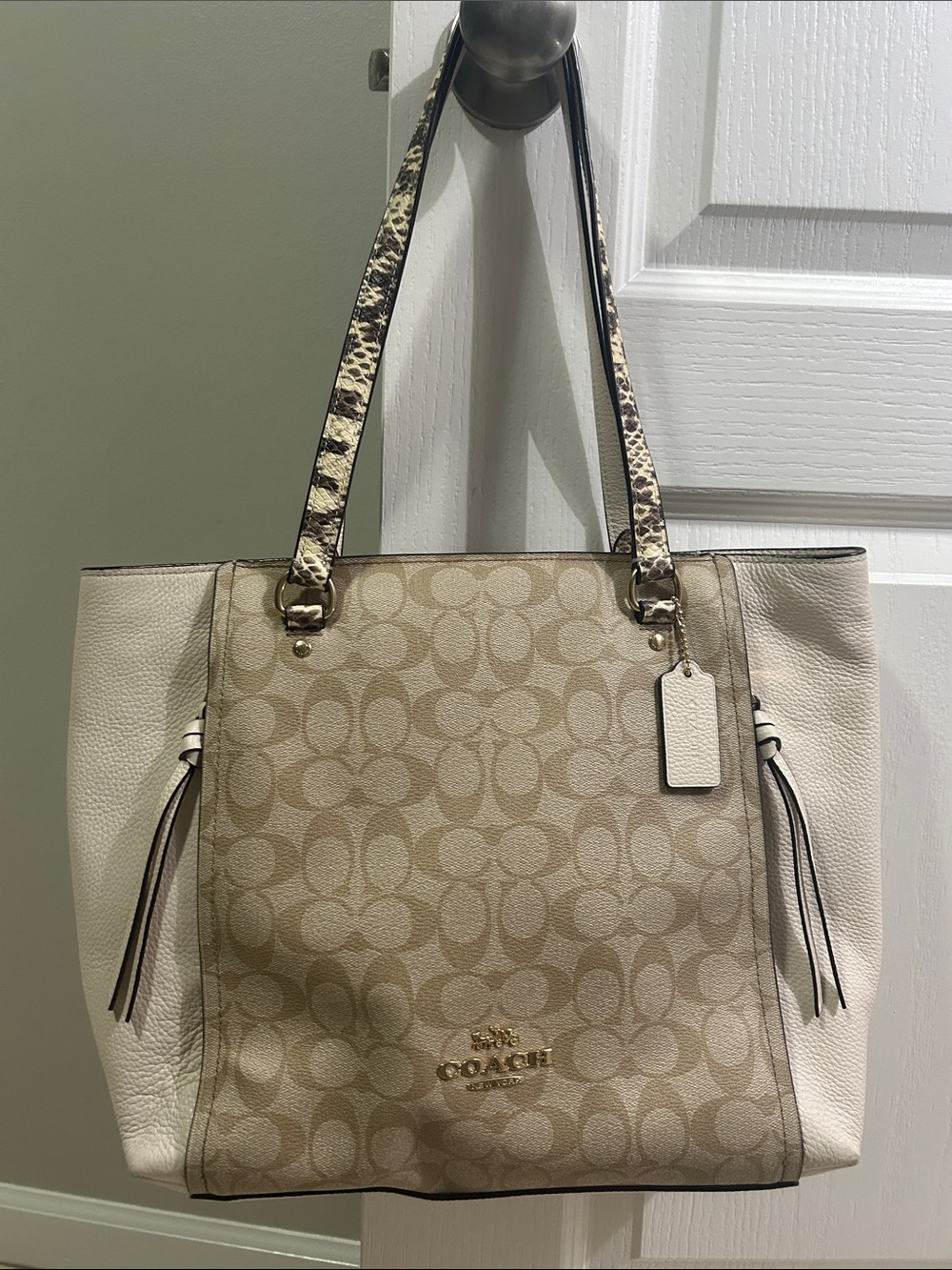 Coach Cream and Beige Signature Canvas Tote with Snakeskin Straps